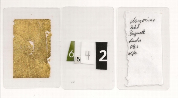 Meine Goldcard, meine PIN, meine Einkaufsliste, Collage, 3 von 120 Teilen, 2010, 9 cm x 17 cm Meine Goldcard